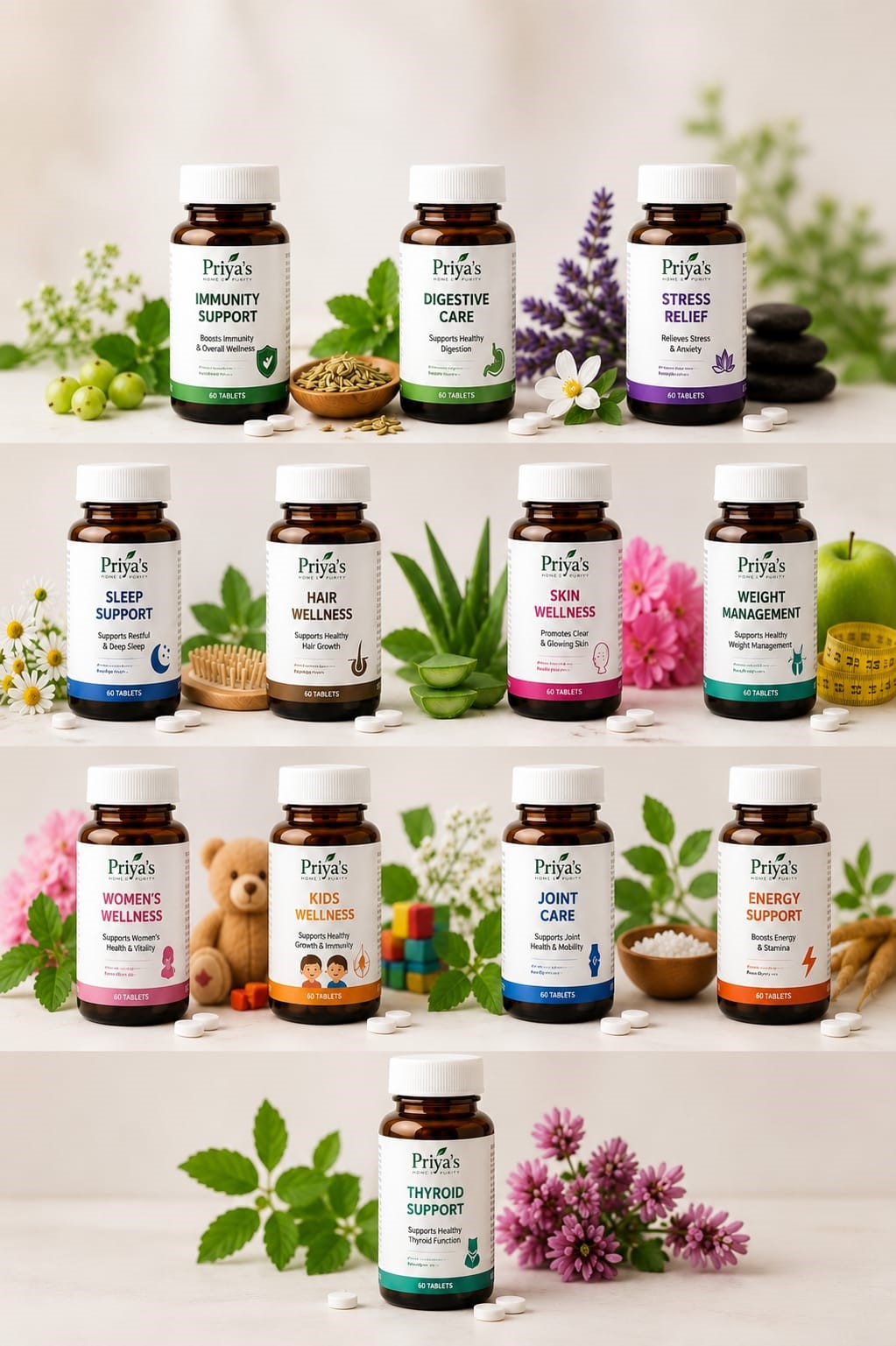Priya's Homeopathy wellness products for immunity, digestion, stress relief, sleep, skin, hair, weight management and thyroid support